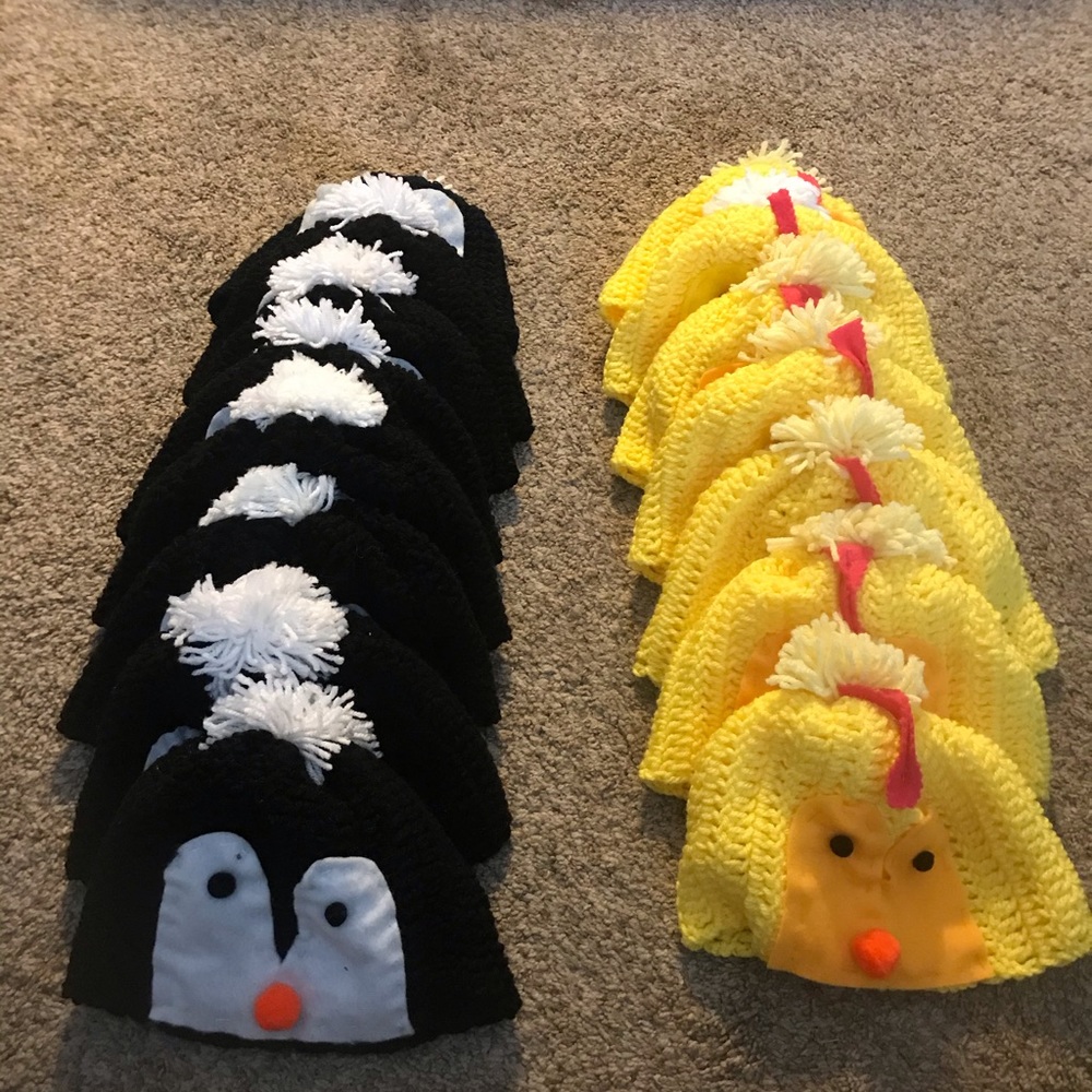 Penguin or chick crocheted head coverings